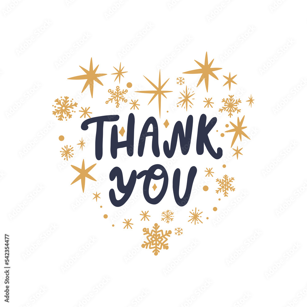 Thank you card template with hand drawn calligraphy quote and cute snowflakes and star illustrations. Season vector design templates.