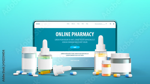 Online pharmacy, blue banner with tablet with offer on screen and medications