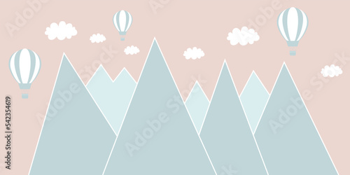 Vector hand drawn childish wallpaper with mountains, balloons and clouds. Modern 3D wallpaper for the children's room.