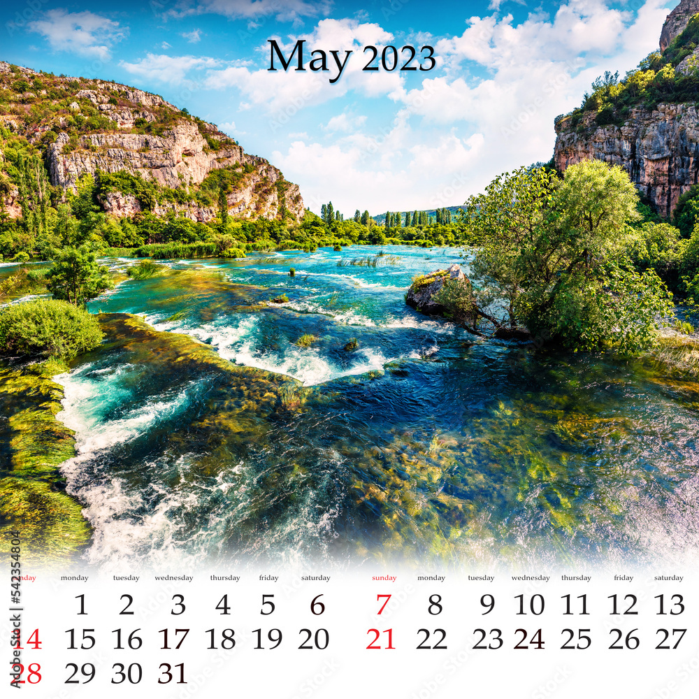 Square wall monthly calendar ready for print, May 2023. Set of 