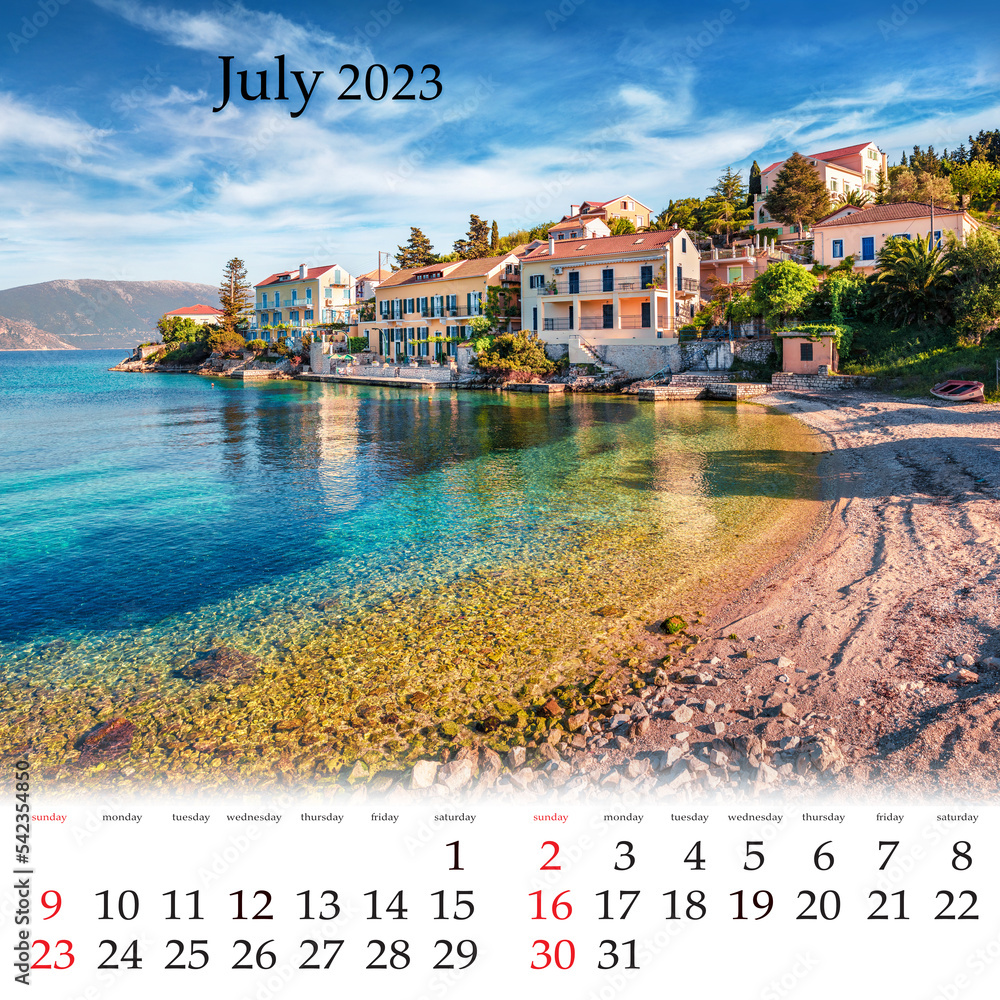 Square wall monthly calendar ready for print,  2023. Set of calendars with beautiful landscapes. Bright summer cityscape of Fiskardo town with Zavalata Beach, Ionian Sea, Kefalonia island, Greece.