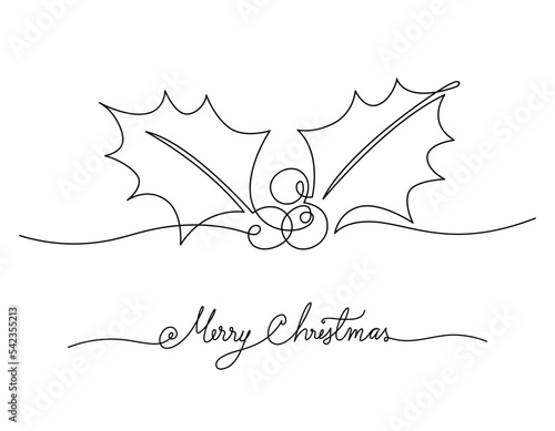 Continuous line drawing christmas holly berry and greeting merry christmas handwriting, Concept of Christmas. Holiday, New year.
 Vector design illustration on white background.