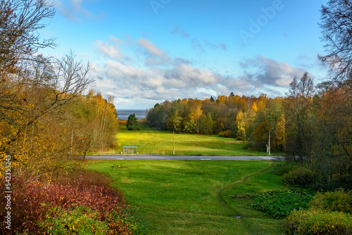 Large lawn overlooking the Gulf of Finland.from the front side of the Leuchtenbergsky Palace in Sergeevka Park. photo