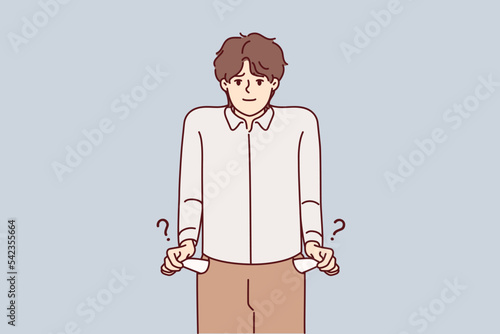Poor young man show empty pockets. Unhappy stressed guy suffer from bankruptcy have no money. Poverty and financial instability. Vector illustration. 