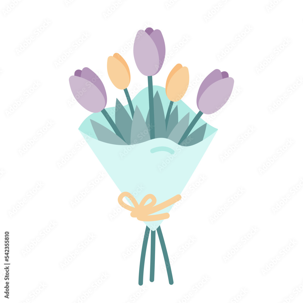 Fototapeta premium Bouquet of flowers. Vector illustration of orange and purple tulips. Plants of pastel colors.
