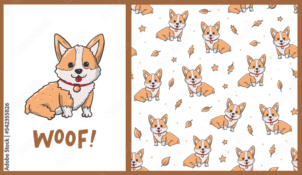 Set of poster and seamless pattern with corgi. Good for nursery prints, apparel decor, stickers, wallpaper, wrapping paper, stationary, etc. EPS 10