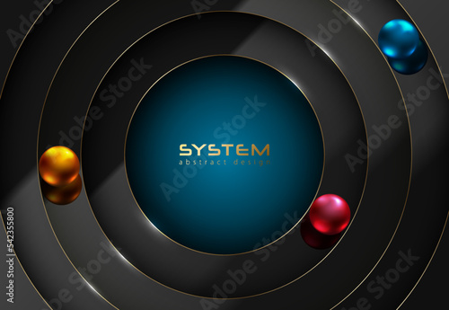Abstract luxury 3D circle papercut layer glossy black background with golden line. Gold vector frame layered header. Shiny metallic spheres orbit around blue center for logo