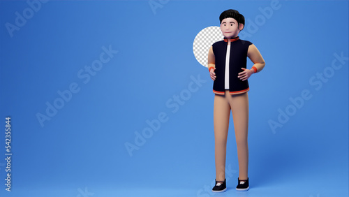 Casual man cartoon character put both hand on the waist, 3d render blue backdrop