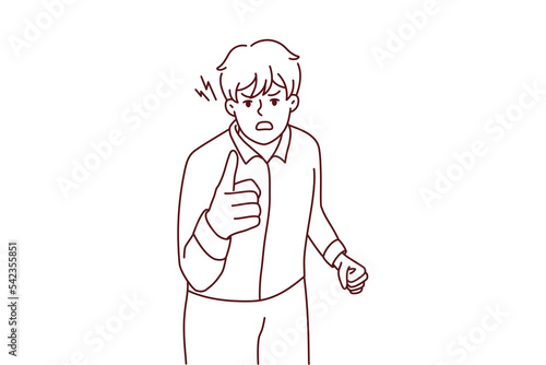 Angry man point at screen accuse or blame someone. Furious guy threaten to person feel outraged and distressed. Vector illustration.