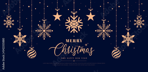 Merry christmas greeting card with christmas balls and snowflake, stars, hanging on ribbon. Merry Christmas and Happy New Year lettering. Suit for poster, banner, card, web. Vector illustration