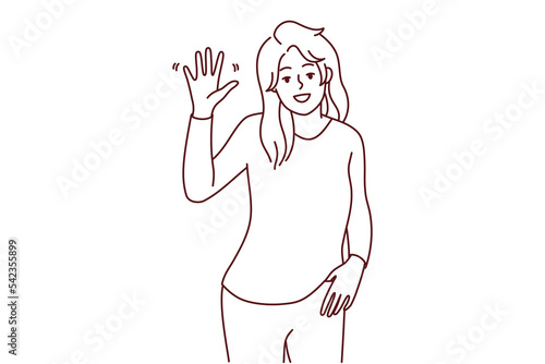 Portrait of smiling young woman wave with hand feeling overjoyed and optimistic. Happy female make hand gesture greeting or welcoming. Vector illustration.