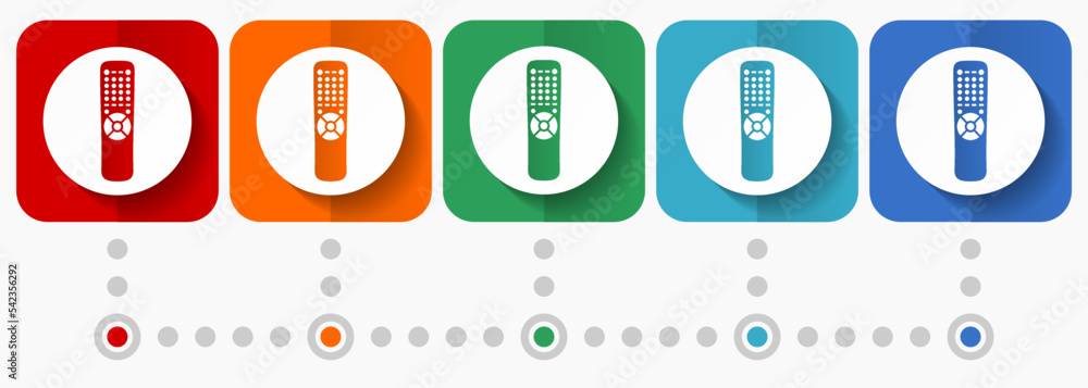 Fototapeta premium Tv remote control, television vector icons, infographic template, set of flat design symbols in 5 color options