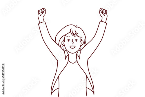 Smiling woman raise hands celebrate success or promotion. Happy female feel euphoric with win or victory. Vector illustration.