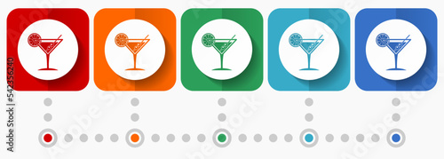 Tropical drink, alcohol, bar, martini in glass vector icons, infographic template, set of flat design symbols in 5 color options