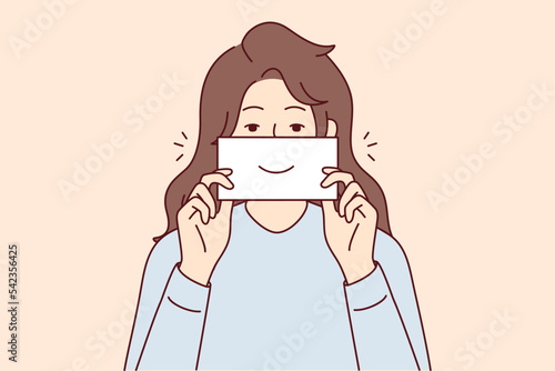 Smiling young woman holding paper with smile. Happy girl with note show smirk. Good mood and laughter. Vector illustration. 