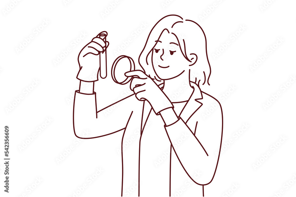 Female scientist in white medical uniform explore tube with magnifying glass. Woman researcher analyze laboratory specimen with magnifier. Vector illustration. Female scientist in white medical uniform explore tube with magnifying glass. Woman researcher analyze laboratory specimen with magnifier. Vector illustration.