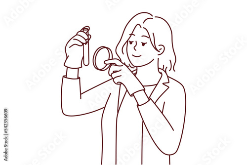 Female scientist in white medical uniform explore tube with magnifying glass. Woman researcher analyze laboratory specimen with magnifier. Vector illustration.