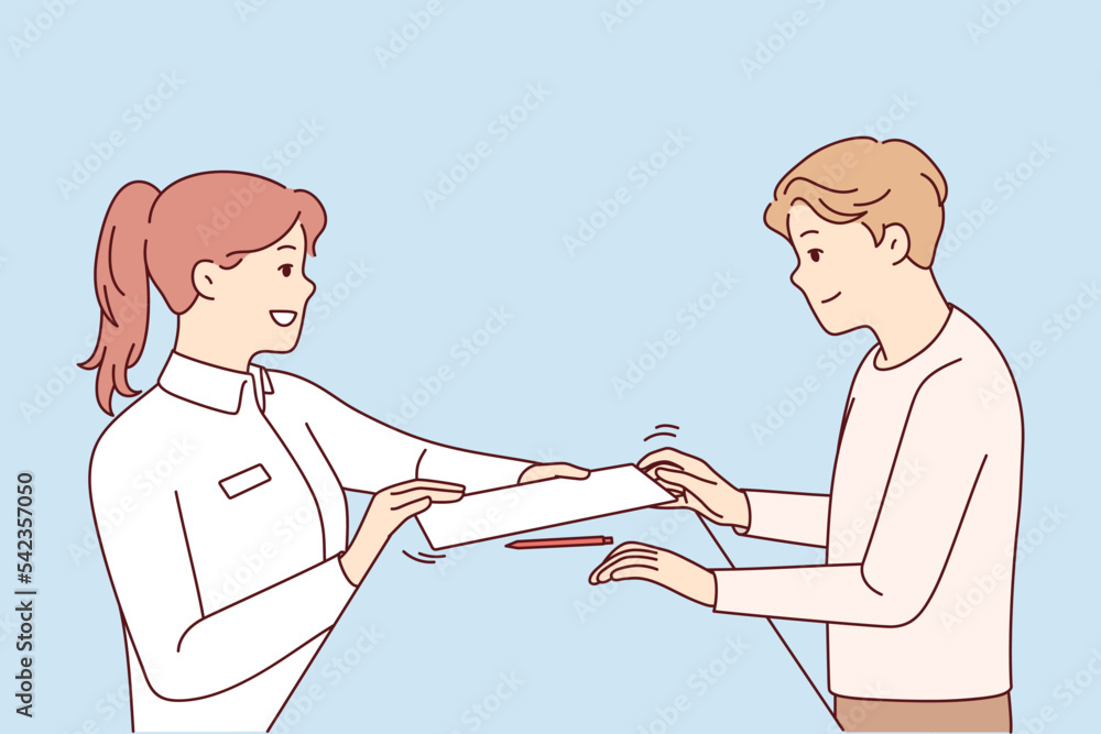 Woman receptionist give document to sign for client in hotel. Female administrator hand paperwork for customer for signature at reception. Vector illustration. Woman receptionist give document to sign for client in hotel. Female administrator hand paperwork for customer for signature at reception. Vector illustration.