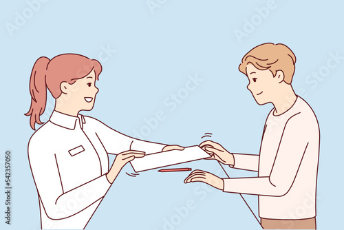 Woman receptionist give document to sign for client in hotel. Female administrator hand paperwork for customer for signature at reception. Vector illustration. 