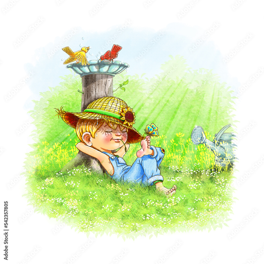 Der kleine Gärtner liegt entspannt barfuß auf der Wiese mit Blumen im