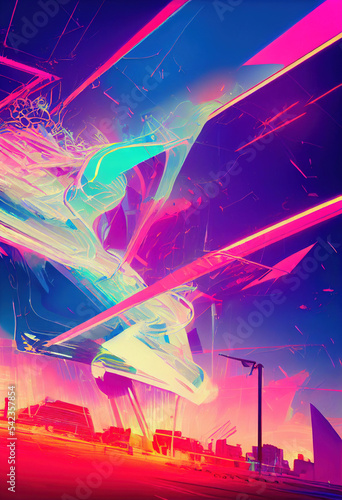 Colorful Cover art of a glitched, against the ironic wind, iconic, Atompunk anime style, Concept art, Ethereal brush stroke, Electronic music Background.
