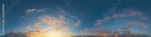 Dark blue twilight sky panorama with Cumulus clouds. Seamless hdr 360 panorama in spherical equiangular format. Full zenith or sky dome for 3D visualization  sky replacement for aerial drone panoramas