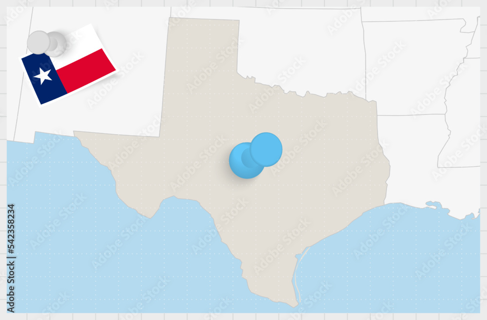 Fototapeta premium Map of Texas with a pinned blue pin. Pinned flag of Texas.