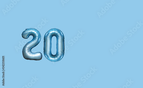 number 20 balloons,  year 20, card background blue.