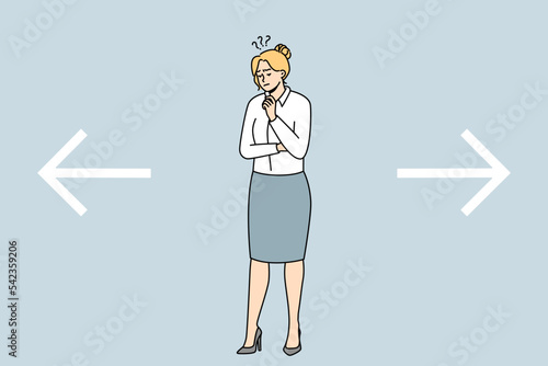Confused businesswoman near huge arrows facing different directions make choice or decision. Frustrated woman employee think consider idea. Vector illustration. 
