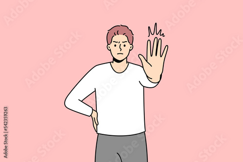 Decisive young man show no hand gesture. Serious male demonstrate stop sign. Nonverbal communication and body language. Vector illustration. 