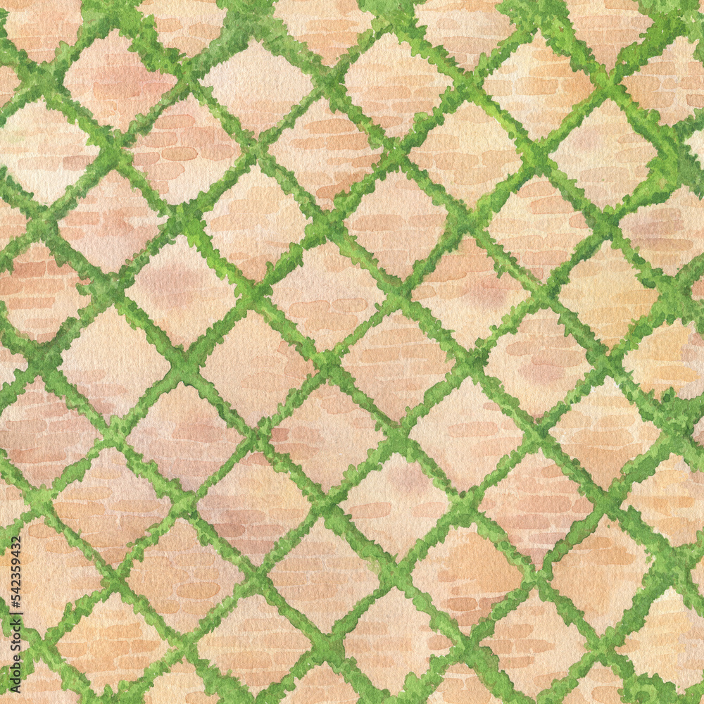 Seamless pattern with green garden trellis with climbing plants, grow on a wooden frame on a old bricks wall. Hand drawn watercolor painting illustration isolated on white background. Seamless pattern with green garden trellis with climbing plants, grow on a wooden frame on a old bricks wall. Hand drawn watercolor painting illustration isolated on white background.