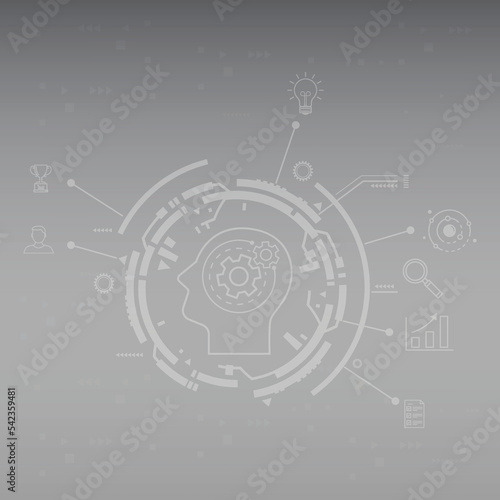 Grey white Abstract technology background with Gear Brain Human.