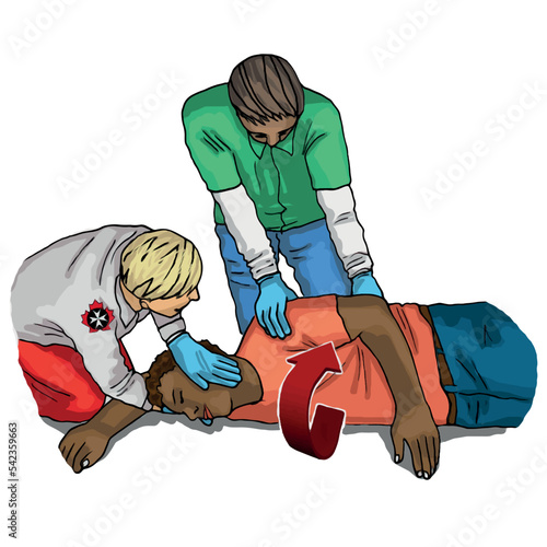 Vector illustration shows Recovery position (first aid).