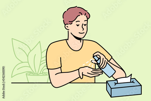 Young man use antiseptic liquid cleaning hands. Guy sanitize hands with sanitizer in bottle. Healthcare concept. Vector illustration. 