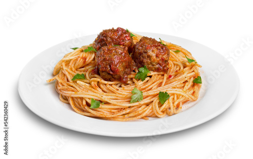Spaghetti pasta with Meatballs and tomato sauce, cose-up view