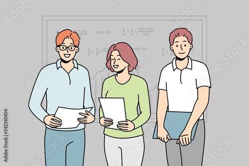 Smiling students with documents standing near board presenting in classroom. Happy pupils with paperwork make presentation in school. Vector illustration. 