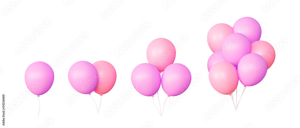 Pink balloons flying on a thread. Decoration Elements for a greeting card on March 8, new year and birthday. 3d rendering illustration isolated on pink background