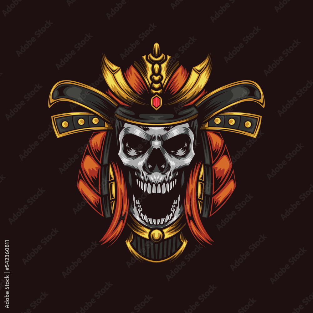 Vector illustration of skull wearing samurai helmet