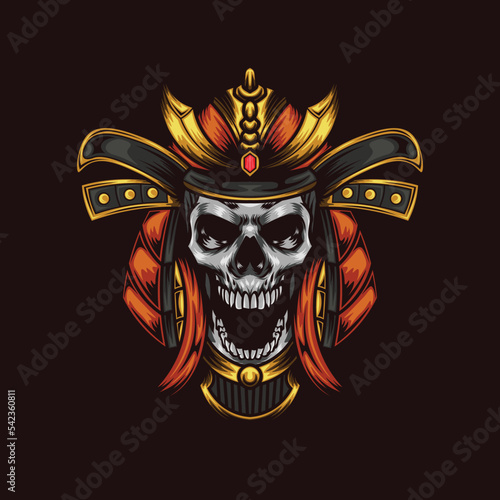 Vector illustration of skull wearing samurai helmet