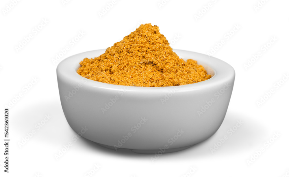 Collection of different spices with names in white pans, isolated Collection of different spices with names in white pans, isolated