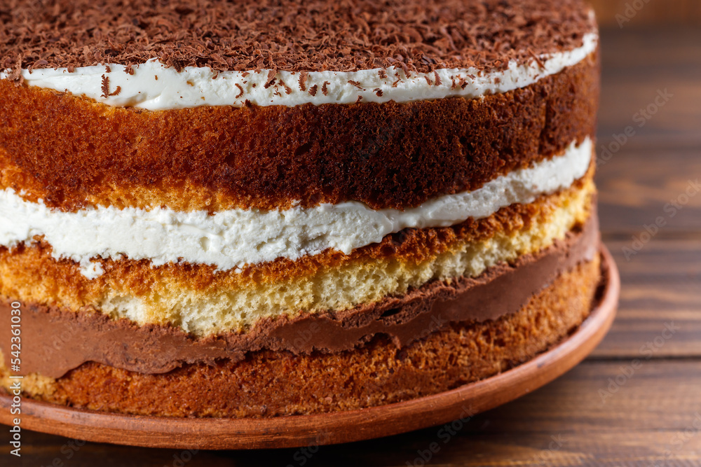 Baked layered tiramisu cake. close up view Baked layered tiramisu cake. close up view
