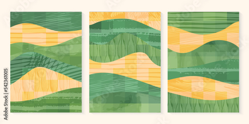 Green collage abstract field background vector illustration. Pattern with textured nature, organic shape with scribble. Set of a4 vertical poster, contemporary backdrop collection, book cover decor
