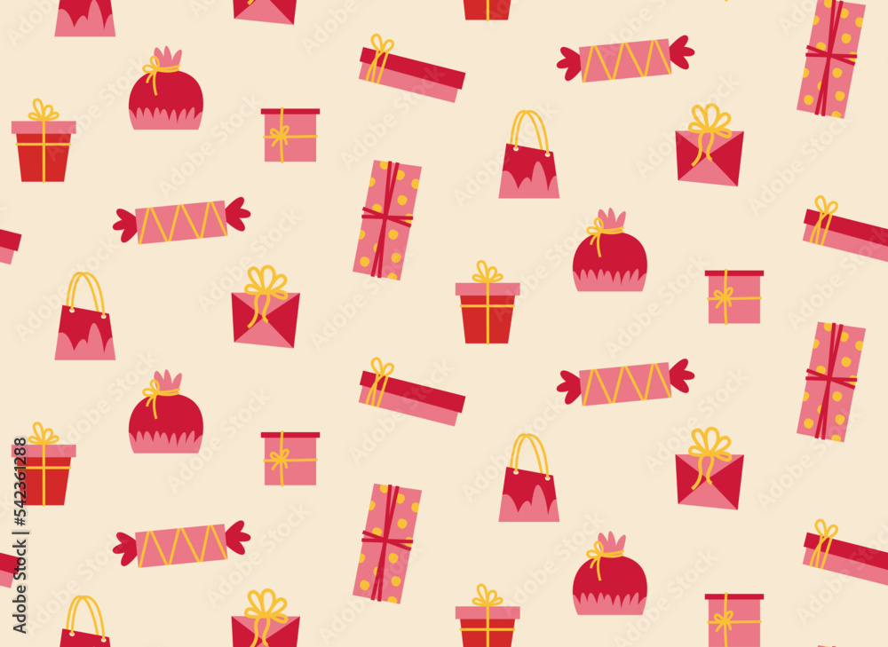 Seamless pattern with red gifts. Christmas texture in flat style. Seamless pattern with red gifts. Christmas texture in flat style.