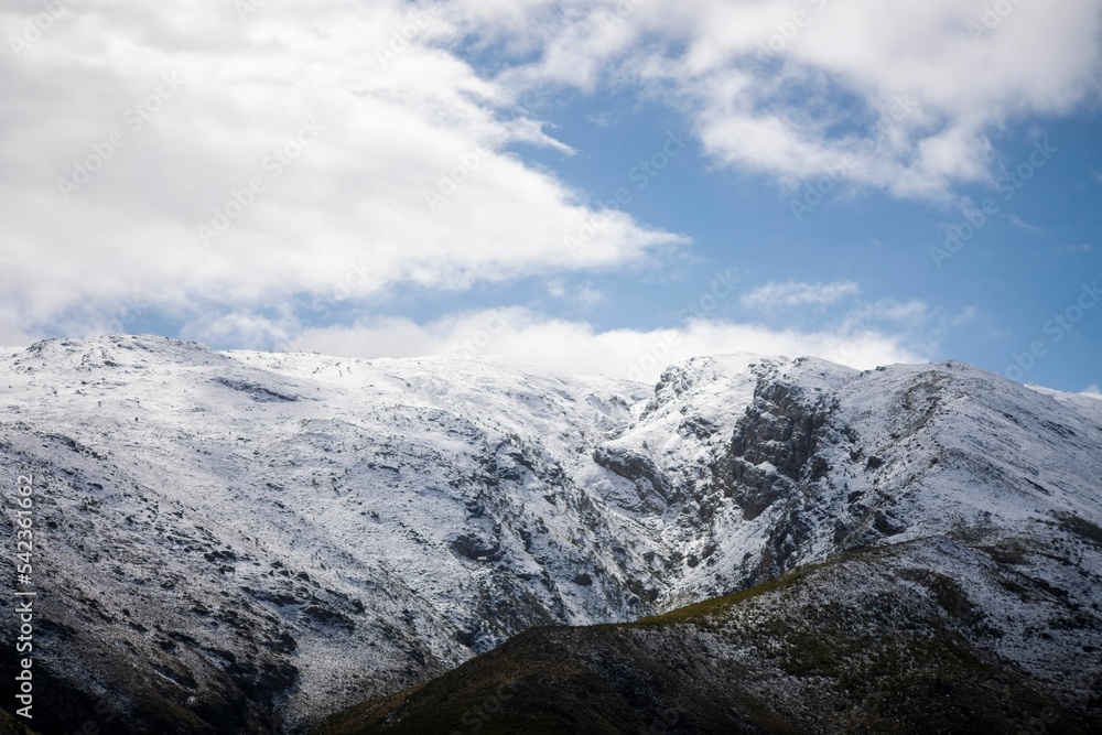 Beautiful view of the Boland snowy mountain range near the Franschhoek, South Africa