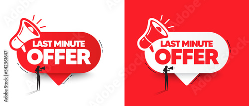 Last minute offer label with megaphone icon. Special offer time with woman holding megaphone. Special offer sale time speech bubble. Last chance promotion banner. Vector