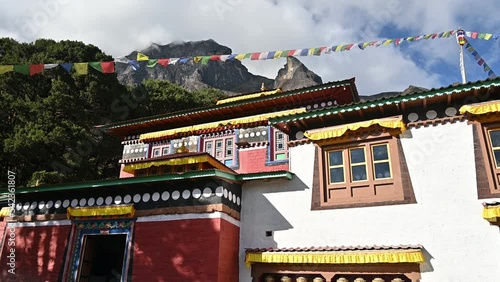 The front view of Khumjung monastery located at an elevation of 3,790 meters above the sea level in Nepal. Khumjung is also famous for the yeti scalp housed at the village gompa. photo