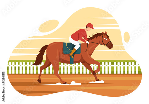 Horse Racing Competition in a Racecourse with Equestrian Performance Sport and Rider or Jockeys on Flat Cartoon Hand Drawn Templates Illustration