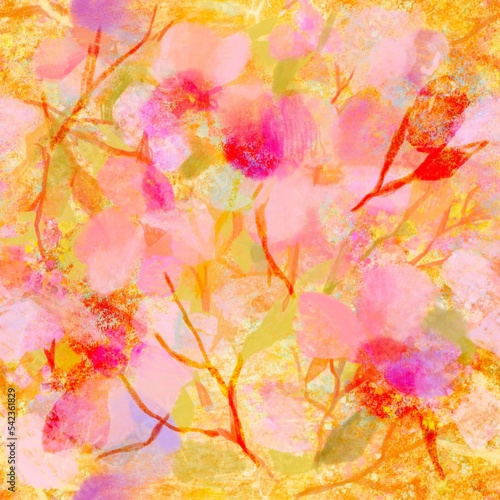 Fashion floral blur trend Botanical layered pattern with pink flowers on a bright yellow background