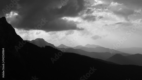 panorama of mountain peaks and sun rays, Slovakia, Europe