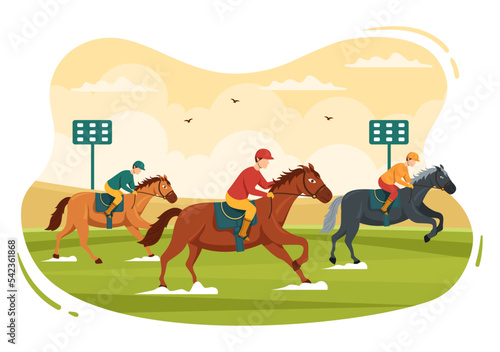 Horse Racing Competition in a Racecourse with Equestrian Performance Sport and Rider or Jockeys on Flat Cartoon Hand Drawn Templates Illustration